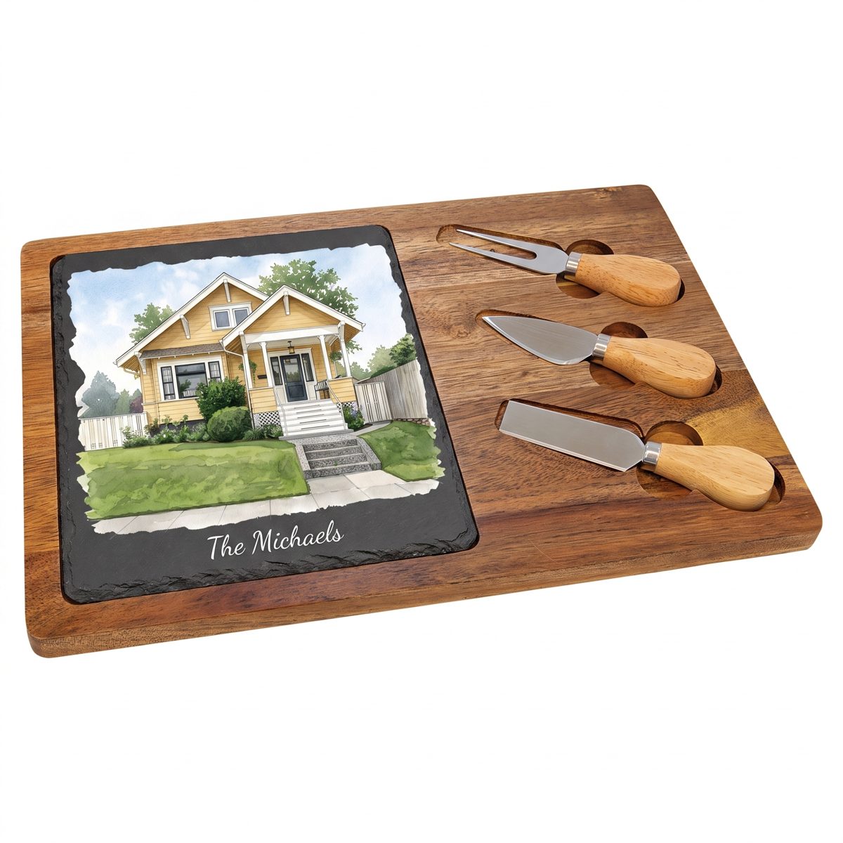 Slate and acacia cheese board set with three tools and watercolor home