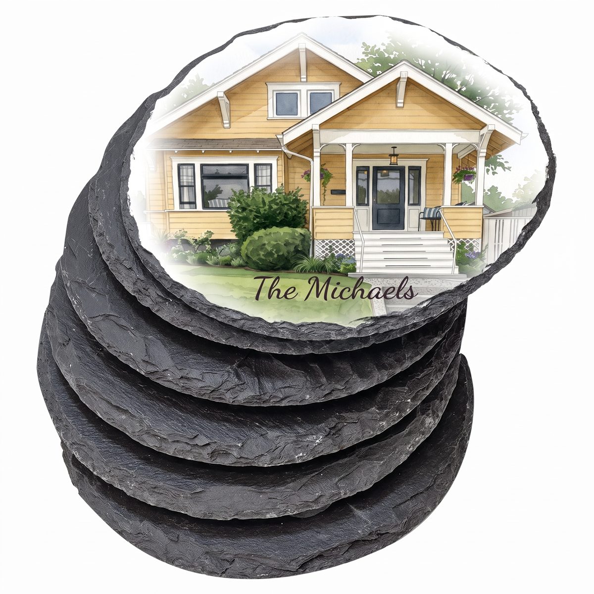 Set of six round slate coasters with the watercolor home on top