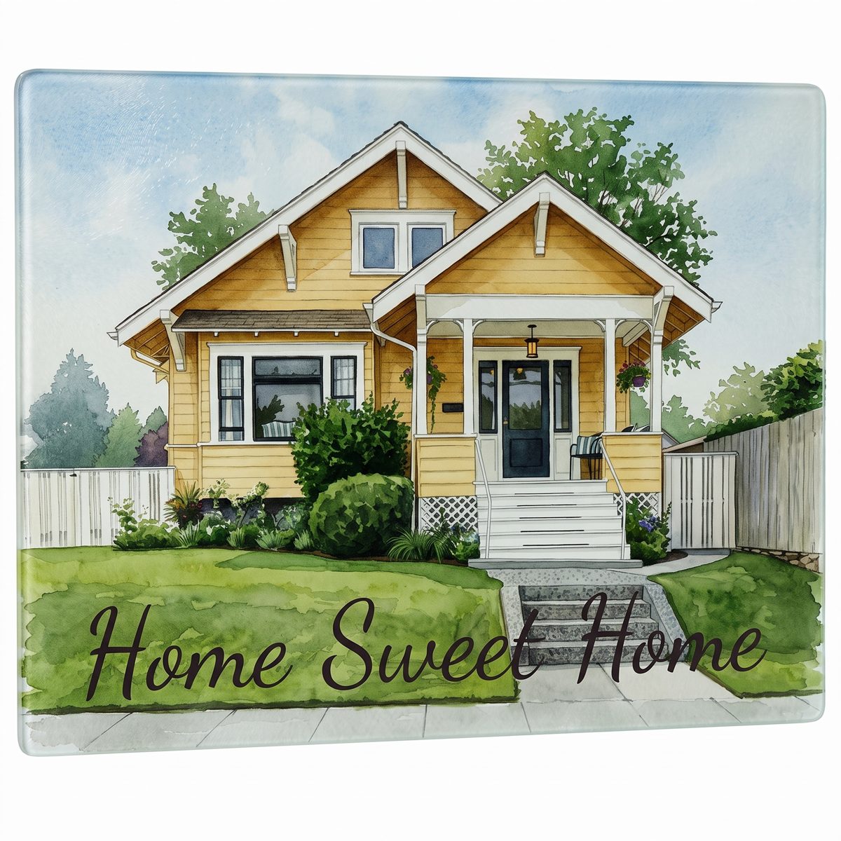 Glass cutting board with the watercolor home printed underneath