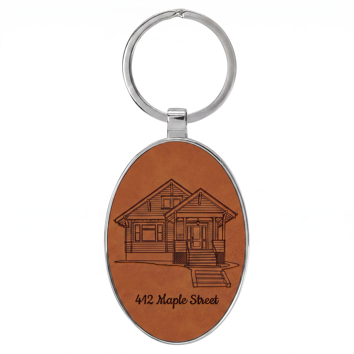 Leatherette keychain engraved with the home and address