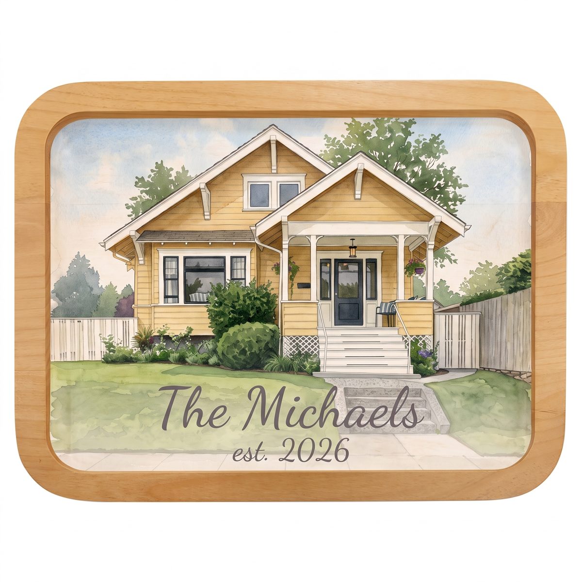 Wooden serving tray with watercolor home printed in the recessed center
