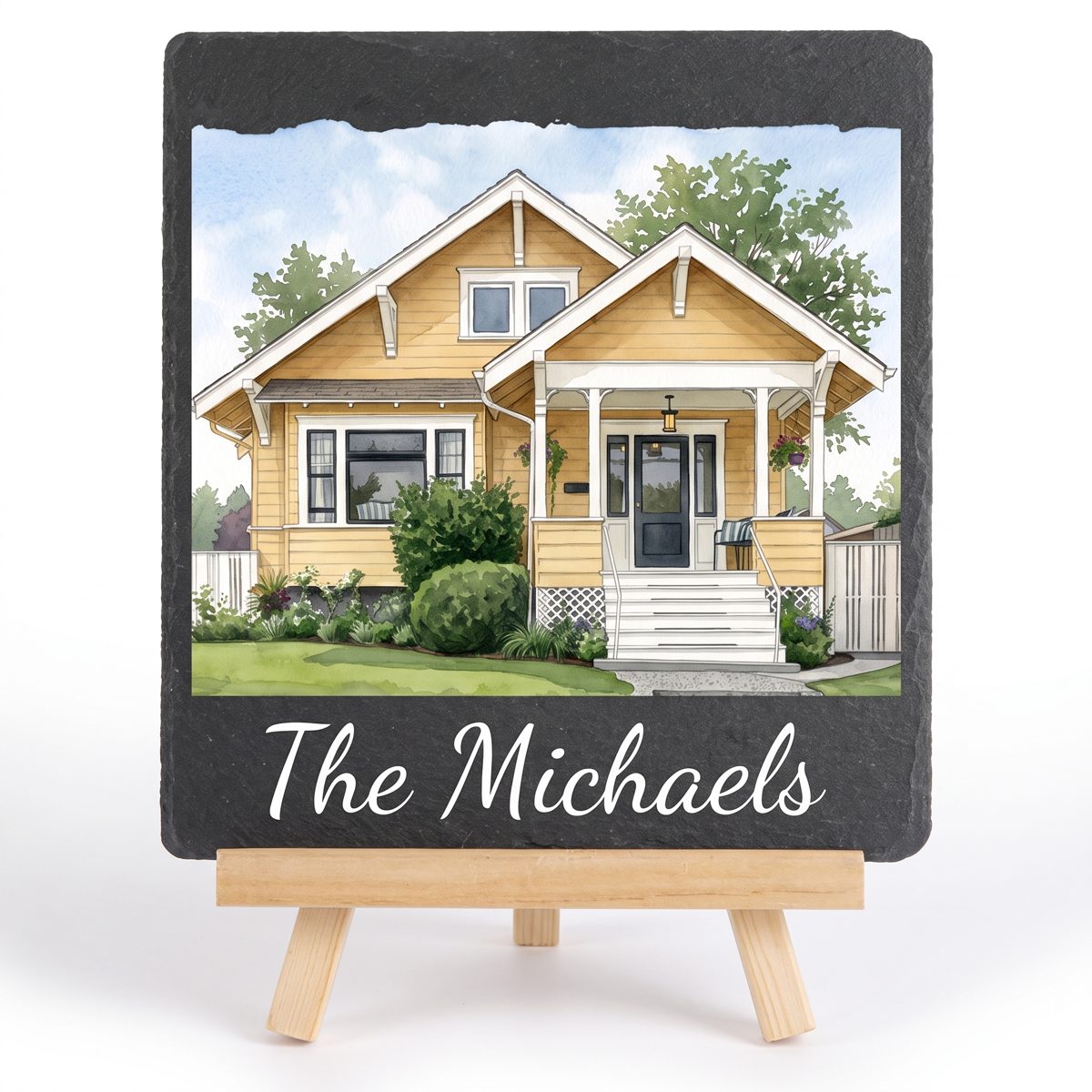 Watercolor home printed on a slate easel, personalized with the family name